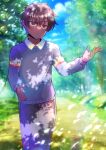  1boy bangs black_pants blue_sky blurry blurry_background brown_eyes brown_hair closed_mouth cloud collared_shirt commentary_request commission day depth_of_field grey_sweater hair_between_eyes kou_hiyoyo long_sleeves male_focus original outdoors pants puffy_long_sleeves puffy_sleeves shirt skeb_commission sky solo sweater tree white_shirt 