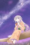  barefoot blush chigyo chopsticks cup cup_ramen eating food food_print grass hair_between_eyes holding holding_chopsticks holding_cup hoshi_syoko idolmaster idolmaster_cinderella_girls japanese_clothes long_hair looking_up mushroom mushroom_print night noodles purple_eyes purple_hair sandals sitting sky star_(sky) starry_sky 