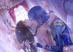  1boy 1girl absurdres animal_ears arm_around_neck blue_hair breast_press brown_hair couple curtains douluo_dalu hand_in_another&#039;s_hair highres hug indoors lan_yin_cao_bianzhi_de_jiezhi long_hair on_bed open_mouth parted_lips rabbit_ears upper_body watermark window xiao_wu_(douluo_dalu) 