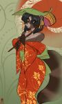  anthro asian_clothing avencri black_hair breasts canid canine cleavage clothed clothing dress east_asian_clothing female hair japanese_clothing kimono leaf lips mammal raccoon_dog red_clothing red_dress red_eyes red_lips shoulderless_clothing solo tanuki umbrella 