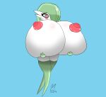  anthro big_breasts big_nipples breast_expansion breasts expansion female gardevoir generation_3_pokemon green_hair hair hi_res holding_breast huge_breasts hyper hyper_breasts inflation moocupmoo nintendo nipples pokemon pokemon_(species) red_eyes shaded solo thick_thighs white_body 
