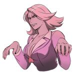  1girl ace_attorney angry april_may breasts buttons cleavage clenched_teeth flipped_hair furrowed_brow heart_button jacket large_breasts looking_at_viewer n0n0n_ma open_mouth phoenix_wright:_ace_attorney pink_hair pink_jacket pink_lips short_hair simple_background solo teeth upper_body white_background 
