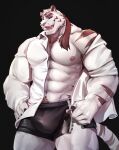  2021 anthro barazoku big_bulge big_muscles black_sclera bladetiger body_hair bottomwear brown_body brown_fur brown_hair brown_pawpads bulge chest_hair clothed clothing dress_shirt eyebrows felid fur hair happy_trail hi_res humanoid_hands long_hair looking_at_viewer male mammal muscular muscular_anthro muscular_male nipples open_clothing open_shirt open_topwear pantherine pawpads pink_nipples purple_eyes shirt shorts simple_background solo standing striped_body striped_fur stripes thick_eyebrows tiger topwear undressing white_body white_fur 