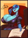  adjusting_glasses amphibian anthro bald big_breasts blue_body blue_skin breasts cleavage clothed clothing contract eyewear female glasses holding_object holding_paper huge_breasts office_lady ooo-belise-ooo paper salamander_(amphibian) sharp_teeth simple_background sitting solo teeth watermark yellow_eyes 