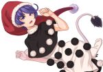  1girl bangs black_capelet capelet commentary_request doremy_sweet dress hat kakone looking_at_viewer nightcap open_mouth pom_pom_(clothes) purple_eyes purple_hair red_headwear santa_hat short_hair simple_background solo tail tapir_tail teeth touhou upper_teeth_only white_background white_dress 