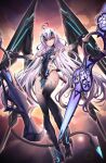 1girl absurdres ahoge bangs body_markings breasts fairy_knight_lancelot_(fate) fairy_knight_lancelot_(third_ascension)_(fate) fate/grand_order fate_(series) highres long_hair looking_at_viewer medium_breasts miying_(13975192760) revealing_clothes solo very_long_hair weapon white_hair wings yellow_eyes 