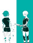  2others amputee androgynous aqua_hair aqua_theme ass bangs belt black_necktie broken contrast covered_eyes crystal_hair dual_persona facing_away floating gem_uniform_(houseki_no_kuni) golden_arms hair_over_eyes holding_hands houseki_no_kuni kamishiro_(lofter) liquid monochrome multiple_others necktie other_focus phosphophyllite puffy_short_sleeves puffy_sleeves quadruple_amputee severed_hand severed_limb shards short_hair short_jumpsuit short_sleeves simple_background spoilers standing striped_skin 