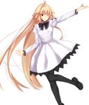  1girl ahoge arcueid_brunestud bangs black_footwear black_pantyhose blonde_hair blush bow dress full_body highres iro_(sekaixiro) loafers long_hair long_sleeves looking_at_viewer one_eye_closed pantyhose red_eyes ribbon shoes simple_background solo standing standing_on_one_leg tsukihime type-moon very_long_hair white_background white_dress 