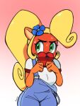 &lt;3 activision anthro big_breasts blonde_hair blush bodily_fluids bonyungus breasts clothing coco_bandicoot condom condom_wrapper crash_bandicoot_(series) female fur green_eyes hair hi_res holidays long_hair looking_away overalls sexual_barrier_device shy solo suggestive sweat thick_thighs valentine&#039;s_day 