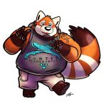  2023 ailurid anthro belly big_belly blush bottomwear clothing hi_res hoodie humanoid_hands jakegr male mammal orange_body overweight overweight_male red_panda shorts solo topwear 