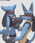  2022 ambiguous_gender anthro big_breasts blush bodily_fluids breast_play breast_suck breasts chest_spiked clothed clothing cooliehigh digital_media_(artwork) duo eyes_closed female female/ambiguous generation_4_pokemon lucario nintendo pokemon pokemon_(species) riolu simple_background sucking sweat text url 