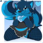  &lt;3 bottomwear canid canine canis clothed clothing cloufy cloufy_(cloufy) digital_media_(artwork) fishnet fishnet_legwear footprint fur hi_res legwear looking_at_viewer male mammal pawprint simple_background skirt smile solo topwear wolf 