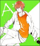  1boy 5574iahu a_(dear_vocalist) black_gloves character_name dear_vocalist gloves green_background jacket long_sleeves male_focus medium_hair multicolored_background open_mouth orange_hair orange_tank_top pants purple_eyes sketch smile solo tank_top teeth white_background white_jacket white_pants 