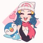  1girl beanie black_dress blue_hair closed_eyes commentary cremanata dawn_(pokemon) dress english_commentary hat heart highres long_hair open_mouth pink_scarf piplup pokemon pokemon_(creature) pokemon_(game) pokemon_dppt scarf simple_background teeth upper_body upper_teeth_only 