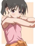  1girl armpits black_hair blush camisole clothes_around_waist highres kuraue_hinata open_mouth outstretched_arms purple_eyes short_hair simple_background solo sweater sweater_around_waist twintails upper_body yama_no_susume ykr_(youkiri) 