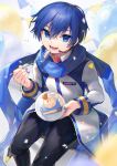  1boy balloon bangs black_pants blue_eyes blue_hair blue_nails blue_scarf cake cake_slice chair commentary_request confetti fingernails floor food fork gunjou_row hair_between_eyes highres holding holding_fork holding_plate jacket kaito_(vocaloid) long_sleeves male_focus mandarin_collar open_mouth pants plate scarf short_hair simple_background sitting smile solo teeth throat_microphone tongue vocaloid wall white_background white_jacket 