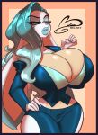  anthro big_breasts big_ears blue_lips bottomwear breasts cleavage clothed clothing curvy_figure cutout eyewear female fur glasses green_hair hair huge_breasts lagomorph leporid lips long_hair looking_at_viewer mammal midriff office ooo-belise-ooo pants rabbit solo watermark white_body white_fur 