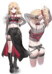  1girl arms_behind_head arms_up ass back bangs black_bra black_shorts blonde_hair bra breasts collarbone fate/apocrypha fate_(series) from_behind green_eyes highres long_hair long_sleeves looking_to_the_side midriff mordred_(fate) mordred_(fate/apocrypha) navel parted_bangs ponytail profile red_scrunchie scrunchie shorts sidelocks small_breasts tonee tying_hair underwear 