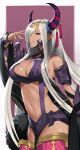  1girl absurdres asymmetrical_horns bangs bare_shoulders blush breasts cleavage detached_sleeves dragon_girl fire_emblem fire_emblem_engage grey_hair grey_horns hair_ornament hair_over_one_eye highres horns long_hair looking_at_viewer mature_female navel pointy_ears purple_eyes purple_ribbon revealing_clothes ribbon shou_illust simple_background smile solo spiked tan tassel tassel_hair_ornament thighs very_long_hair zephia_(fire_emblem) 