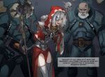  1girl 2boys :d adeptus_mechanicus anger_vein angry archon_of_flesh armor armored_boots bald bangs beard blue_eyes boots eyepatch facial_hair full_armor grey_background gun highres holding holding_gun holding_polearm holding_weapon leagues_of_votann long_hair looking_at_viewer mechanical_arms multiple_boys open_mouth polearm power_armor red_robe robe servo-skull smile warhammer_40k wax_seal weapon white_hair 