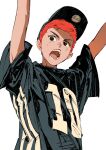  1boy age_regression aged_down arms_up atie1225 bangs baseball_cap black_headwear black_shirt clothes_writing commentary from_below hat highres looking_at_viewer male_focus open_mouth oversized_clothes red_hair sakuragi_hanamichi shirt short_hair short_sleeves simple_background slam_dunk_(series) solo white_background 