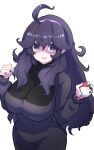  1girl @_@ absurdres ahoge alternate_breast_size bangs black_hair black_nails breasts commentary_request curly_hair dress hair_between_eyes hairband hands_up hex_maniac_(pokemon) highres holding holding_poke_ball large_breasts long_hair long_sleeves looking_at_viewer nail_polish open_mouth poke_ball poke_ball_(basic) pokemon pokemon_(game) pokemon_xy simple_background smile solo sushi_no_ikari white_background 