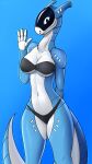  absurd_res anthro bikini black_bikini black_clothing black_swimwear blue_background blue_body breasts clothed clothing d4r0 female fingers gesture hexagon hi_res horn looking_at_viewer machine plecopsar simple_background smile solo swimwear tail waving waving_at_viewer white_body white_breasts white_tail 