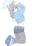  1girl animal_ear_fluff animal_ears belt blue_archive blue_eyes blue_footwear blue_shorts blue_sweater closed_mouth commentary grey_belt grey_hair grey_pantyhose halo highres kneeling long_sleeves looking_at_viewer masabodo medium_hair midriff pantyhose shiroko_(blue_archive) shoes shorts simple_background smile sneakers solo sweater symbol-only_commentary white_background 