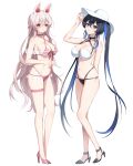  2girls absurdres animal_ears arm_up bare_arms bare_shoulders bikini black_bikini black_choker black_footwear blue_eyes blue_hair breasts choker cleavage criss-cross_halter front-tie_bikini_top front-tie_top full_body halterneck hat high_heels highres large_breasts long_hair looking_at_viewer mismatched_bikini multi-strapped_bikini multicolored_hair multiple_girls navel original parted_lips pink_bikini pink_choker pink_footwear rabbit_ears simple_background standing stomach string_bikini sun_hat swimsuit thigh_strap thighs twintails two-tone_hair ugwa very_long_hair white_background white_bikini white_headwear 