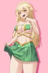  1girl absurdres bare_arms bare_shoulders bikini bikini_top_only blonde_hair breasts cleavage clothes_lift commission cowboy_shot fakey finger_to_mouth gold_trim green_bikini green_skirt hand_up highres large_breasts long_hair looking_at_viewer miniskirt navel open_mouth original pink_background pleated_skirt second-party_source simple_background skirt skirt_lift smile solo standing stomach string_bikini sweatdrop swimsuit thighs yellow_eyes 