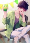  1boy :d alternate_eye_color alternate_hair_color bangs blurry blurry_background blurry_foreground boku_no_hero_academia bright_pupils collarbone colored_tips commentary crossed_legs cup depth_of_field drink drinking_glass elbow_on_thigh food foot_out_of_frame fruit gradient_hair green_jacket hands_up happy head_on_hand head_rest head_tilt holding holding_cup indoors jacket ktn0515 leaning_forward lemon lemon_slice looking_at_viewer looking_to_the_side male_focus multicolored_hair on_stool open_clothes open_jacket open_mouth pants pink_hair purple_eyes purple_hair purple_shirt sanpaku shindou_you shirt short_hair sitting sitting_sideways smile solo stool string_of_flags t-shirt table teeth turning_head upper_teeth_only white_pants white_pupils 