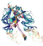  1girl absurdly_long_hair ahoge akiakane aqua_eyes aqua_footwear aqua_hair aqua_nails aqua_skirt arm_up belt black_belt black_footwear blonde_hair colored_tips electric_guitar electricity garter_straps glowing gradient_hair grin guitar hair_between_eyes hair_ornament halftone hand_up hatsune_miku hatsune_miku_japan_tour_2023_~thunderbolt~ high_collar holding holding_instrument holding_plectrum instrument leg_up leg_warmers lightning_bolt-shaped_pupils lightning_bolt_hair_ornament lightning_bolt_symbol long_hair long_sleeves looking_at_viewer midriff multicolored_hair nail_polish neon_palette official_alternate_costume official_art pink_hair pleated_skirt plectrum second-party_source shoes shrug_(clothing) simple_background single_garter_strap skirt smile solo tachi-e thigh_strap transparent_background triangle_ring twintails two-sided_fabric two-sided_skirt two-sided_sleeves very_long_hair vocaloid wavy_hair 