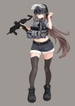  1girl bangs belt black_footwear black_thighhighs blue_eyes bow brown_hair bulletproof_vest cake506 closed_mouth commission denim denim_shorts full_body grey_background gun h&amp;k_mp7 hair_bow helmet highres holding holding_gun holding_weapon long_hair looking_at_viewer magazine_(weapon) midriff navel original red_bow shorts simple_background sleeves_rolled_up smile solo standing submachine_gun thighhighs very_long_hair weapon 