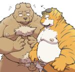  2023 anthro balls bear belly big_belly brown_body duo erection eyes_closed felid genitals hi_res humanoid_genitalia humanoid_hands humanoid_penis kemono male male/male mammal moobs nipples overweight overweight_male pantherine penis small_penis suishou0602 tiger white_body 