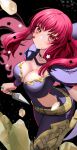  1girl absurdres bangs belt black_bodysuit black_cape blush bodysuit breasts cape cleavage closed_mouth clothing_cutout collarbone commentary_request fire_emblem fire_emblem_engage hair_ornament highres holding holding_weapon kunai large_breasts long_hair looking_at_viewer mu_tu_bu red_eyes red_hair smile solo star_(symbol) star_hair_ornament weapon yellow_belt yunaka_(fire_emblem) 