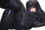 1girl absurdres bangs black_bodysuit black_hair blue_archive blue_eyes blue_hair bodysuit breasts colored_inner_hair feet_out_of_frame highres large_breasts long_hair looking_at_viewer lying multicolored_hair on_back open_mouth retasu_(lactuca810) saori_(blue_archive) simple_background solo thighs two-tone_hair white_background 