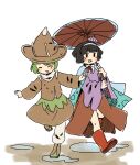 2others absurdres amanomiya_jun amanomori_shou androgynous antennae baila_kuangzi bangs black_eyes black_hair blue_cape boots brown_headwear brown_shirt brown_skirt cape closed_eyes collared_shirt commentary green_hair hairband happy hat highres holding holding_umbrella len&#039;en long_sleeves multiple_others neck_ribbon open_mouth other_focus outstretched_arms pants pointy_hat puddle purple_sweater red_footwear red_ribbon ribbon running shirt short_hair sketch skirt smile spread_arms sweater symbol-only_commentary umbrella umbrella_hair_ornament white_hairband white_pants white_shirt 