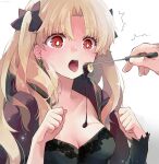  1girl azumi_(myameco) bangs black_dress blonde_hair breasts cape chocolate chocolate_on_body chocolate_on_breasts cleavage commentary_request dress ereshkigal_(fate) fate/grand_order fate_(series) food_on_body hair_ribbon holding incoming_food long_hair medium_breasts open_mouth out_of_frame parted_bangs red_cape red_eyes red_ribbon ribbon simple_background single_sleeve sweatdrop two_side_up very_long_hair white_background 