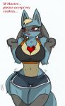  anthro big_breasts blush breasts cleavage clothed clothing dolphin_shorts english_text fan_character female generation_4_pokemon hi_res lucario luci nintendo pace-maker pokemon pokemon_(species) shirt small_waist solo tank_top text thick_thighs topwear wide_hips 