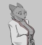  anthro breasts canid canine clothed clothing digital_media_(artwork) female fur half-length_portrait hi_res mammal navel open_clothing open_topwear portrait schmutzo side_boob simple_background sketch solo spot_color topwear 