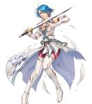  1girl blue_eyes blue_hair boots breasts elbow_gloves fingerless_gloves fire_emblem fire_emblem:_radiant_dawn fire_emblem_heroes gloves highres jewelry lucia_(fire_emblem) medium_breasts necklace non-web_source official_art short_hair solo sword takaya_tomohide thigh_boots transparent_background weapon 