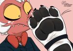  4_toes annoyed anthro black_pawpads boop bow_tie canid canid_demon claws clothing demon duo dylbun feet female foot_focus footwear freckles fur hellhound helluva_boss imp loona_(helluva_boss) male mammal moxxie_(helluva_boss) pawpads paws plantigrade red_background red_body signature simple_background socks soles stirrup_socks toe_claws toes white_body white_fur yellow_sclera 