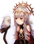  1girl bangs bare_shoulders bird black_dress blunt_bangs crown dress expressionless feh_(fire_emblem_heroes) fire_emblem fire_emblem_heroes grey_hair long_hair looking_at_another owl red_eyes sha_(isago) sidelocks upper_body veronica_(fire_emblem) white_background 