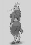  2022 anthro asinus barefoot biped bottomwear breasts breath butt clothed clothing countershade_face countershade_fur countershading digital_media_(artwork) donkey equid equine feet female full-length_portrait fully_clothed fur greyscale hair hi_res hoodie hooves looking_at_viewer looking_back looking_back_at_viewer mammal monochrome pants portrait rear_view schmutzo simple_background solo standing tail tail_tuft topwear tuft 