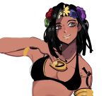  1girl armlet bikini black_bikini black_hair breasts brown_eyes dark_skin dragona_joestar flower hair_flower hair_ornament highres jewelry jojo_no_kimyou_na_bouken medium_hair necklace s0gaharahen simple_background smile swimsuit tattoo the_jojolands white_background 