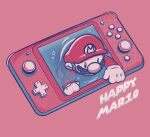  1boy blue_overalls english_text facial_hair gloves handheld_game_console hat highres kairy_draws mario mario_(series) mario_day mustache overalls red_background red_headwear red_shirt red_theme shirt simple_background white_gloves 