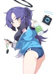  1girl ass bangs black_shirt blue_archive blue_buruma bottle breasts buruma cellphone commentary_request gym_uniform halo highres holding holding_bottle holding_phone id_card jacket kiomota lanyard long_hair looking_at_viewer medium_breasts partially_unzipped phone ponytail purple_eyes purple_hair shirt short_sleeves simple_background smartphone solo star_(symbol) sticker_on_face t-shirt track_jacket white_background yuuka_(blue_archive) yuuka_(gym_uniform)_(blue_archive) 