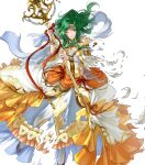  1girl bracelet breasts brown_eyes dress elincia_ridell_crimea fire_emblem fire_emblem:_radiant_dawn fire_emblem_heroes frilled_dress frills full_body gold_trim green_hair highres holding jewelry kita_senri long_dress long_sleeves non-web_source official_art puffy_sleeves see-through solo staff tiara transparent_background 