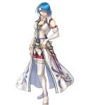  1girl blue_eyes blue_hair boots breasts elbow_gloves fingerless_gloves fire_emblem fire_emblem:_radiant_dawn fire_emblem_heroes gloves highres jewelry lucia_(fire_emblem) medium_breasts necklace non-web_source official_art short_hair solo sword takaya_tomohide thigh_boots transparent_background weapon 