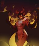  anthro black_hair breasts breath_powers claws dragon elemental_manipulation featureless_crotch female fire fire_breathing fire_manipulation glowing glowing_eyes hair hi_res horn humanoid membrane_(anatomy) membranous_wings nipples pixelflare red_body red_scales scales scalie solo tiefling transformation wings yellow_eyes 